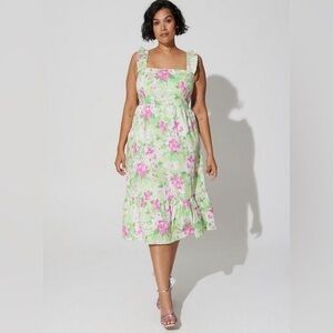 Floral Sleeveless Dress - Green and Pink